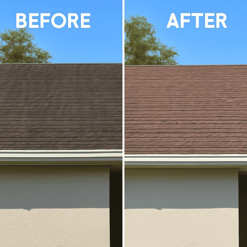 Roof with algae vs. cleaned roof in humid summer weather